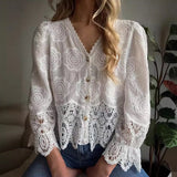 MQTIME  -  Temperament 2024 Chiffon V-neck Blouse Blusa New Spring Floral Embroidery Long Sleeve Cardigan Women Causal Lace Stitching Tops