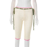 MQTIME  -  Women's Knitted Hollow Pants 2025 Fall New Casual Side Bandage Ruffles Hem Capri Straight Leg Trousers Holiday Beach Streetwear
