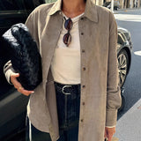 MQTIME  -  Vintage Brown Suede Shirt Fall-winter Small Loose Midi Cardigan Top Women