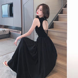 MQTIME  -  2024 Summer Style Open Back Dress with Black Hepburn Style, High end, Slim Fit, Beach Vacation Solid Color Long Dress for Women