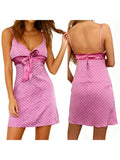  MQTIME  -  Women s Polka Dot Print Spaghetti Strap V-neck Backless Tie-up Slip Dress for Summer Beach Party Mini Dress