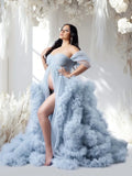 ﻿ MQTIME  -  Sky Blue Maternity Dress for Photoshoot Sweetheart Bathrobe Tiered Pregnancy Babyshower Gowns for Photos Customized