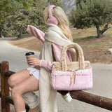 MQTIME  -  Sweet Utility Tote, Plush Deer Spot Bag With Lace Bow, Lolita Style Large Capacity Crossbody, Brown Pink Soft Shoulder Bag