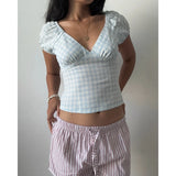 MQTIME  -  Womens Summer Y2k Harajuku Gingham Shirt Puff Short Cap Sleeve Deep V Neck Plaid Print Fashion Slim Fit Crop Tee Tops