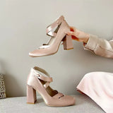 MQTIME  -  Ballet Style Fashion Satin Cross Strap Women Pumps Spring Summer Mary Janes Thick High Heels Lolita Ballet Dancing Chunky Shoes