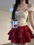 MQTIME  -  Summer Sweet Patchwork Two Piece Set Women Ruffle Lace Tops + Red Pleated Mini Skirt Suit Korea Kawaii Design Bow Cute Outfits