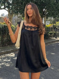  MQTIME  -  Elegant Lace Patchwork Dress Women Sexy Solid Short Sleeve Lace Up Loose Mini Dresses Summer Lady Daily Street Robe