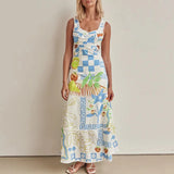 MQTIME  -  Summer Elegant Lady Pattern Print Square Collar Party Dress Women 2025 Vacation Dress Design New Hollow Waist Women Beach Dress