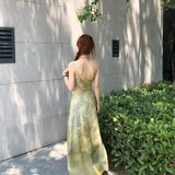 MQTIME  -  Women Green Tie Dye Maxi Slip Dress Spaghetti Strap Summer New Backless Slim Sleeveless Flowy Bodycon Casual Vacation Long Dress