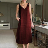 MQTIME  -  Retro Solid Color Lady V Neck Loose Suspenders Dress Sexy Hollow Out Sleeveless Summer Dress Casual Street Pocket Pullover Dress