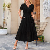 MQTIME  -  Summer New Women Short Sleeved Long Dress Trendy V-Neck Hollow Eyelets Ruffle Hem A-Line Dresses Pockets Female Vestidos