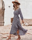 MQTIME  -  Printing Maxi Dress V Neck Bandage Boho Holiday Dress Long-sleeved Belt Lace-up Vestidos Ruffled Beach Dresses