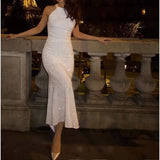 MQTIME  -  Spring New Women's Clothing Sequined Slanted Shoulder Slim Fit Sexy Backless Long Fishtail Dress