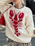 MQTIME  -  Elegant Lady Loose Commute Jumper Fashion Pattern Printed Knitted Pullovers Autumn Winter New O-neck Long Sleeve Crochet Sweater