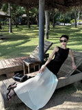 MQTIME  -  Sleeveless Sequin Long Dress Black White Patchwork Sexy Backless Streetwear Pleated Dress Cinched Waist Slim Fit Chiffon Robes