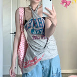 MQTIME  -  American Summer Fashion Cross Halter Sleeveless Tank Tops Y2k Aesthetic Letter Print Lrregular Design Grunge Shirts Harajuku Tee