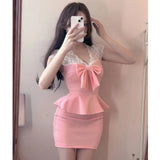 MQTIME  -  Celebrity Girl Sexy Dresses Fake Two Pieces Perspective Lace Splicing Short Sleeve Ruffle Edge Hip Wrap Dress Tide