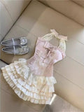 MQTIME  -  Korea Sweet Lace Two Piece Set Women Pink Bow Hollow Out Tops + Layered Ruffle Skirt Suit Elegant Princess Fairy Style Outfit