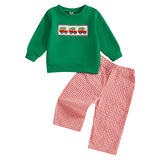 MQTIME  -  Baby Girl Christmas Outfit Reindeer Applique Ruffle Sleeve Top and Red Plaid Pants 2 Piece Set for Toddler Infant
