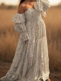  MQTIME  -  Boho Floral Maternity Dress Off-Shoulder Long Sleeve Pregnancy Gown Photoshoot Baby Shower Elegant Maternity Photography Dress