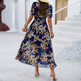 MQTIME  -  Women's Spring Summer Boho Dress Floral Printed Short Sleeved V Neck Dress Elegant Slim Waist Party Street Dress Womens