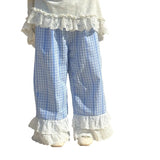 MQTIME  -  Spring Children Girl Straight Pant Loose Lace Floral Hem Belle Girl Wide Leg Pant Cotton Plaid Casual Toddler Girl Trousers