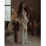 MQTIME  -  Sexy Perspective Pearl Maternity Photography Long Dress Full Sleeve Beading Tulle Long Dress for Pregnant Women Photo Shoot