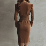 MQTIME  -  Fashion O-neck Draped Velvet Midi Dress Women's Casual Long Sleeve Solid Party Dress Elegant Lace Splicing Waist Wrap Hip Dress