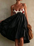 MQTIME  -  Sexy Straps Backless Vacation Dress Chic Contrasting Color Off Shoulder Pleated Dress Retro Polka Dot Sleeveless Umbrella Dress