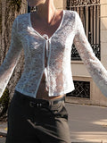 MQTIME  -  Elegant Lace Trimmed V-Neck Blouse with Tie Front Detail and Long Sleeves - Stylish Women s Shirt for Chic Street Style