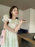 MQTIME  -  Summer New Women's Sweetheart Green Flying Sleeves Dress with Folded Patched Wood Ear Edge Loose Style Long Dress