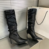  MQTIME  -  Long boots autumn and winter pointed pile boots thin heel black long tube boots women's high tube boots knight boots