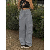 Mqtime Cargo women retro loose fashion wide-leg pants large pockets high-waist straight leg pants women's street baggy cargo pants