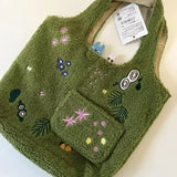 MQTIME  -  Creative Green Plush Bag Embroidered Lamb Wool Daily Storage Bag Embroidered Shoulder Handbag