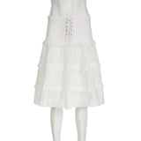 MQTIME  -  Jacquard Ruffle Midi Long White Skirt with Ribbon Lace Up A-line Skirts  Fairycore 2000s Grunge Aesthetics E-girl Korean Clothes