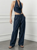  MQTIME  -  Women Dark Denim 2 Piece Set Halter V Neck Rivet Trim Draped Cowl Top High Waist Wide Leg Pleated Long Trousers Matching Outfit