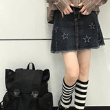 Mqtime Vintage Y2K Star Embroidery Casual Denim A-line Skirt Women 2024 Spring New High Waist Rough Selvage Sexy Mini Skirt