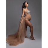  MQTIME  -  Maternity Photography Sexy Goddess V Neck Rhinestones Pearls Luxurious Stretch Jumpsuits Dress For Photo Shoot Props