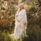  MQTIME  -  Long Train Boho Maternity Photo Shoot Long Dress Beige Lace Pregnant Woman Photography Props