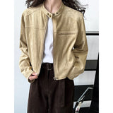 MQTIME  -  Autumn  Standing Collar Buckle Suede Coat Brown Beige Women's Short Motorcycle Jacket Top