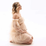  MQTIME  -  Maternity Dresses for Photo Shoot Baby Shower Off Shoulder Long Sleeves Ruffles Tulle Bridal Prom Gown Women Pregnant Robe