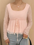 MQTIME  -  Elegant V-Neck Blouses with Tie-Up Front and Ruffle Detailing Long Sleeve  Fit Shirts for Women Perfect for Spring and