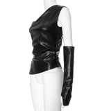 MQTIME  - Women Y2K PU Leather Asymmetrical T-shirts with Sleeves Gloves Fashion Sexy One Shoulder Sleeveless Slim Tops Clubwear Tees