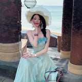 MQTIME  -  Elegant temperament Blue Ruffle Flower Strap Dress for Women 2025 New Seaside Vacation Style Beautiful Long Dress
