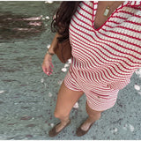 MQTIME  -  Casual Stripe Women's Shorts Suit V-neck Short Sleeve Tees High Waist Wide Leg Short Pant Female Set Summer Lady Beach Outfits