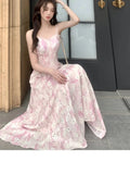 MQTIME  -  Elegant Princess Fairy Strap Print Dress for Women Summer Vintage Pearl Beading Sweet Midi Dresses Female Beach Evening Clothes