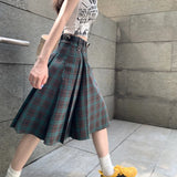 Mqtime Vintage Y2K Contrast Color Plaid Loose Knee-length Skirt Women 2024 Spring New Korean High Waist Casual Pleated A-line Skirt