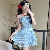 MQTIME  -  Plaid Dresses Women Bandage Sleeveless Slim Lace Patchwork Summer Fashion Sweet Elegant Party Mini Dress Female Casual