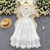 MQTIME  -  Summer Elegant Hollow Out Embroidery Lace Long Dresses Women Holiday Short Sleeve Flower Retro Evening Party Female Vestidos