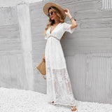 MQTIME  -  Summer Lace Maxi Dress V Neck Short Sleeve Embroidery Elegant Vestidos Vacation White Floor Length Dress Party Robes